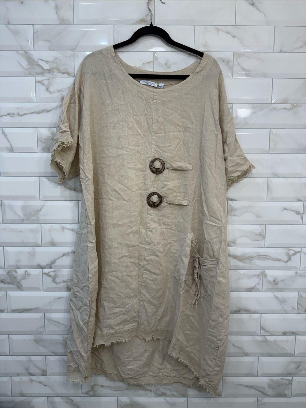 Cristina Vergani Beige High-Low Short Sleeve Tunic Dress with Decorative Rings